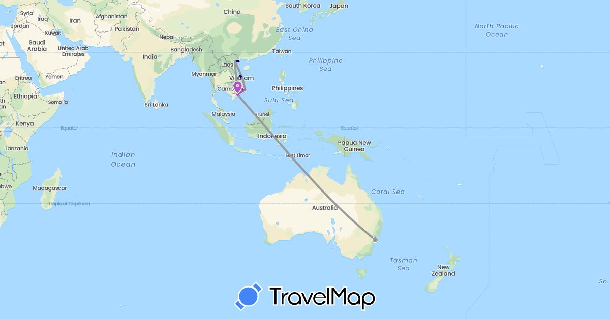 TravelMap itinerary: driving, plane, train in Australia, Vietnam (Asia, Oceania)
